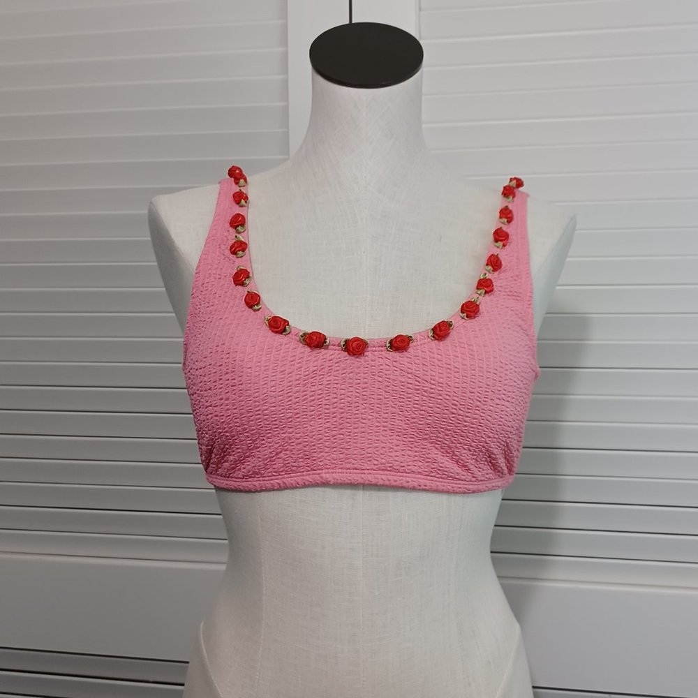 Betsey Johnson Scrunch Bunch Rose Bikini Top Pink Rosettes - Picture 2 of 11